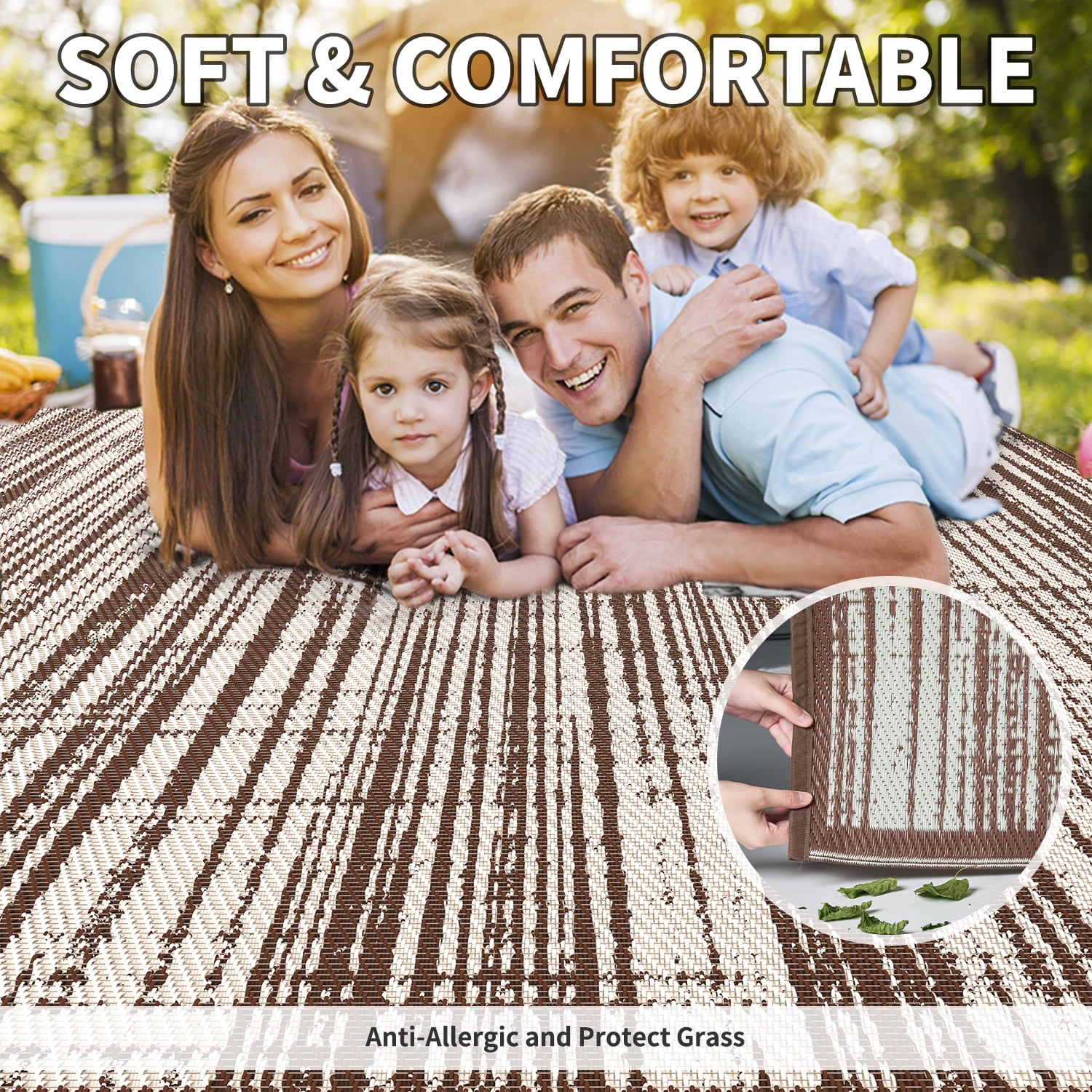 VUNATE Outdoor Rug Carpet 5'x8' Waterproof Reversible Patio Rug Portable Modern Abstract Indoor Outdoor Rug Plastic Straw Rug for RV Camping Garden Picnic Deck Backyard Porch Decor Beige and Brown