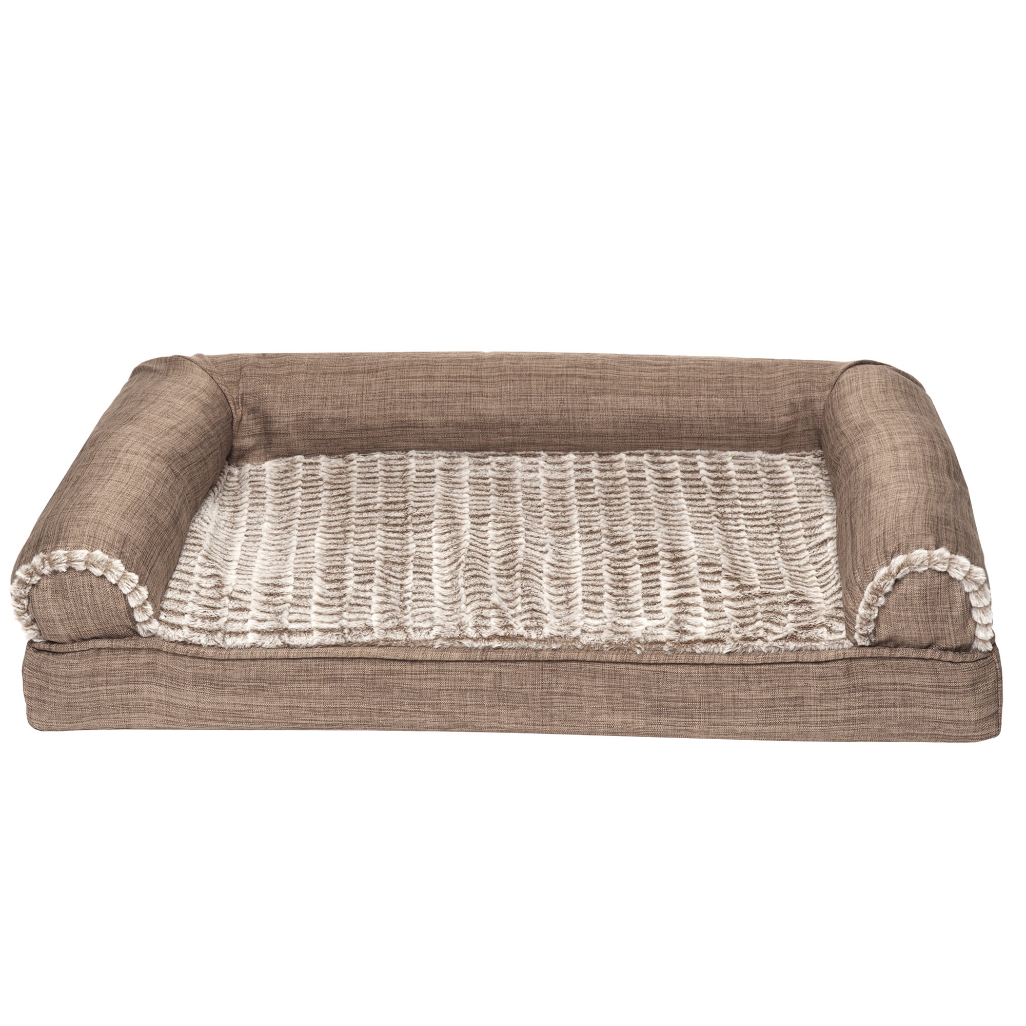 FurHaven Pet Products Luxe Fur & Performance Linen Cooling Gel Top Sofa Pet Bed for Dogs & Cats - Woodsmoke, Medium