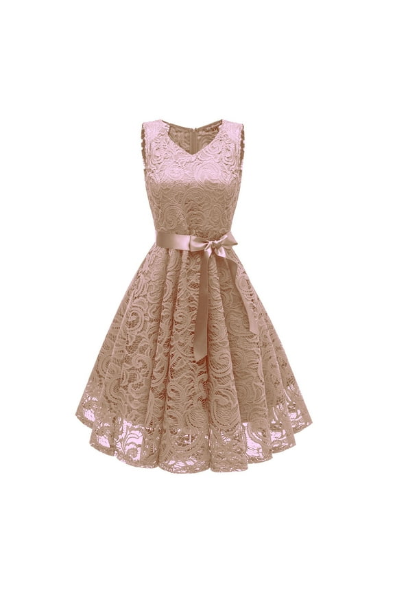 Summer Dresses for Women 2022 Beach Women Vintage Princess Floral Lace Cocktail V-Neck Party Aline Swing Dress Women's Plus Ball Gown Dress Style 6558, Female Above Knee Dresses Khaki XL