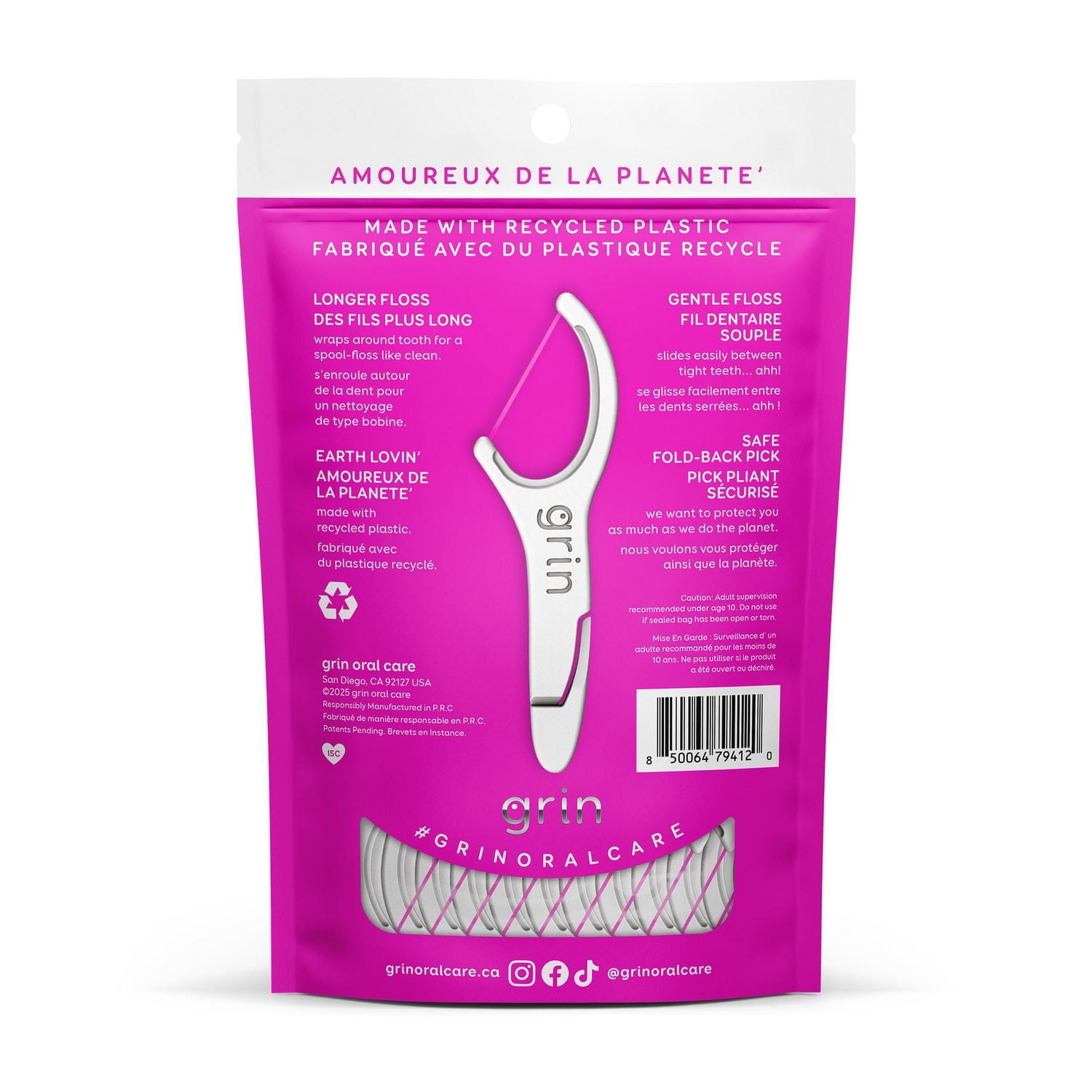 Grin Fil dentaire doux et lisse Flosspyx, 75ct