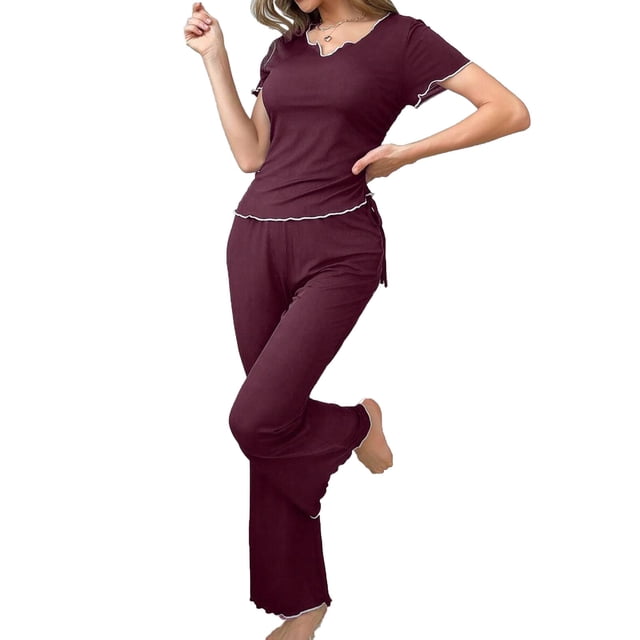 RXMEKW V-Neck Short Sleeve Top And Wide-Leg Pants Lounge Set For Women, 2-Piece Pajama Set In Color/Size