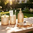 thumbnail image 3 of Haturi 4-Piece Amber Brown Glass Bathroom Accessories Set, Diamond Pattern Vanity Organizer with Soap Dispenser, Toothbrush Holder, Q-tip Jar, and Tray, 3 of 7
