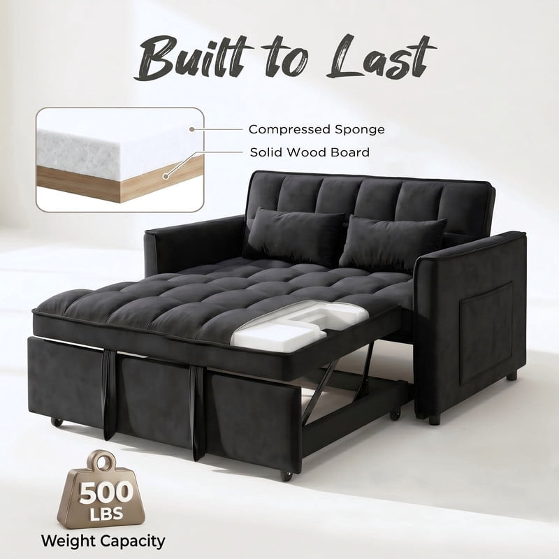 Gewnee 55" Sofa Bed, Convertible Sleeper Sofa & Pull Out Couch, 3-in-1 Velvet Loveseat with Adjustable Backrest and Storage Pocket, Black