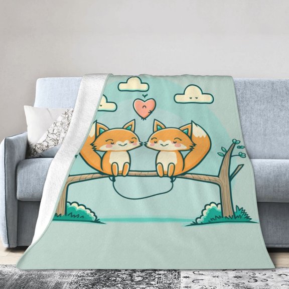 DouZhe Ultra-Soft Micro Fleece Lightweight Flannel Bed Blanket, Happy Smiling Foxes Print Cozy Warm Throw Blankets, 60"x50"