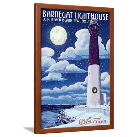 - Long Beach Island, New Jersey - Barnegat Lighthouse Christmas Scene Framed Print Wall Art By Lantern Press