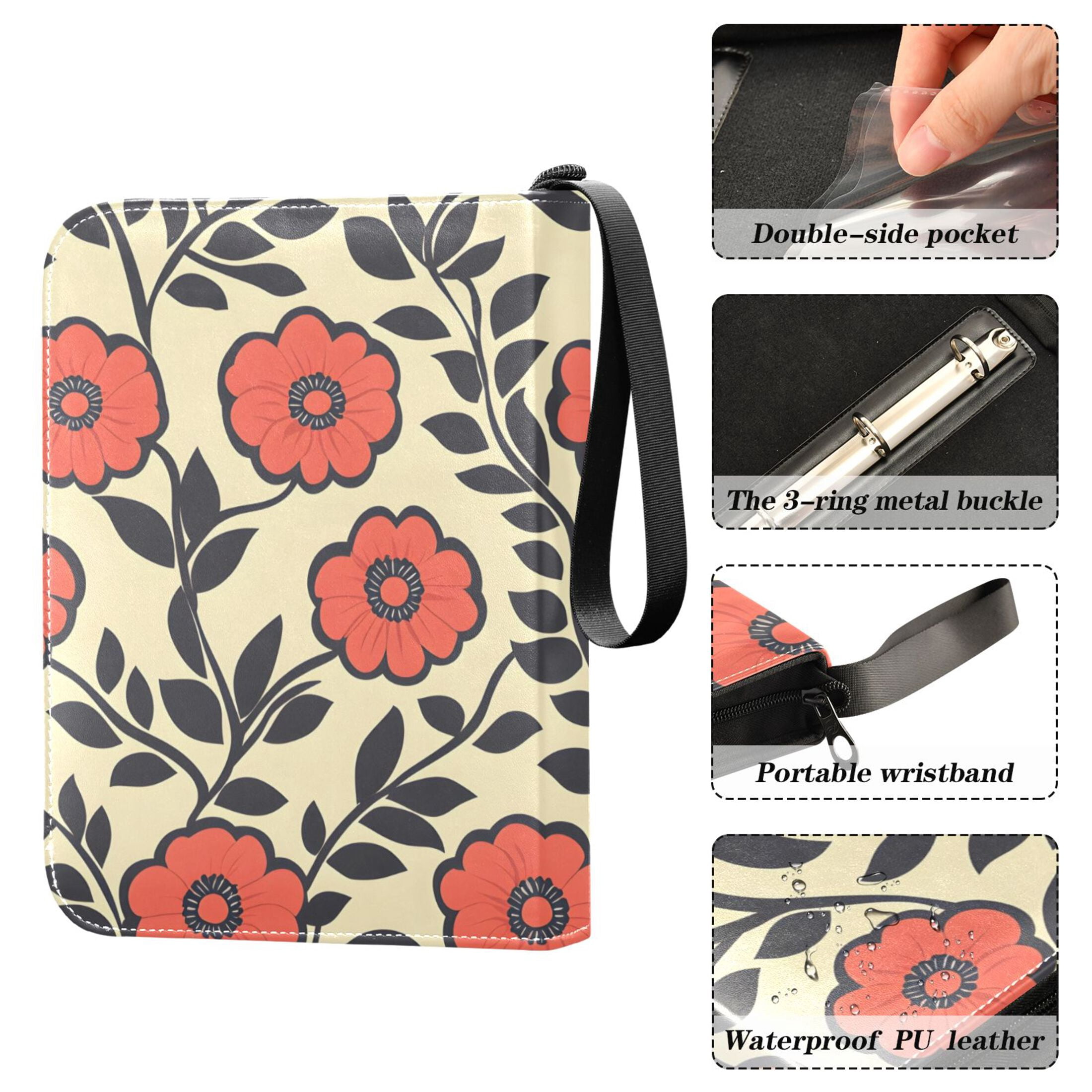 Trading Card Binder Album 400 Pockets 50 Removable 4-Pocket Pages Waterproof Elegant Retro Flowers and Leaves