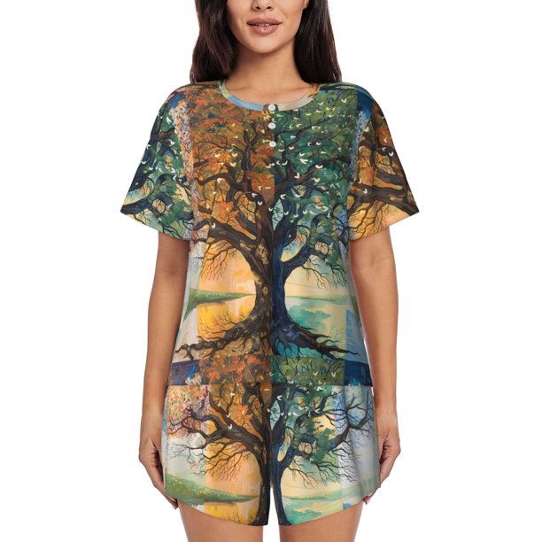 Balery Seasonal Tree Reflection Conjunto de Pijama para Mujer con Estampado, Dos Piezas de Manga Corta y Shorts, Ropa de Dormir Suave con Cuello Redondo y Bolsillos-3X-Large