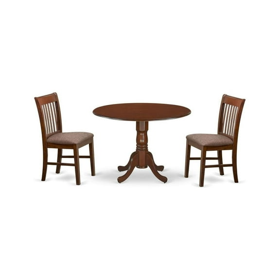 HomeStock Table Set-Round Kitchen Table And 2 Chairs, Mahogany, 42" Round Table With Two 9-Inch Drop Leaves, 30" High, Includes 3-Piece Set With Cushion Seats
