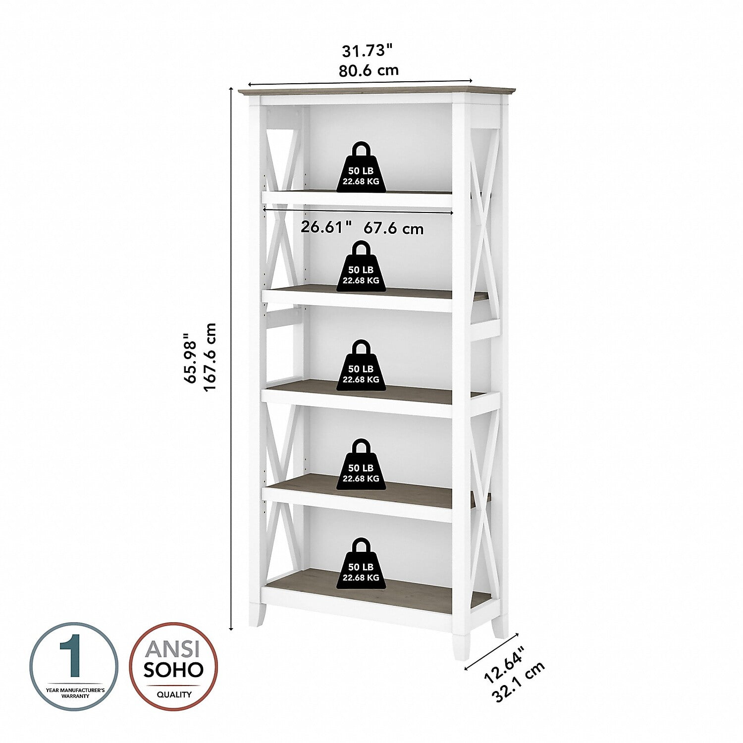 Bush Furniture Key West Tall 5 Shelf Bookcase, Bing Cherry