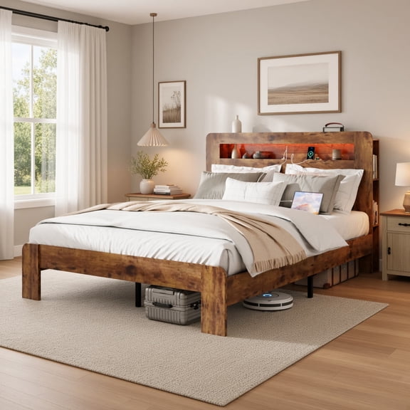 Queen Size Platform Bed Frame with Storage Headboard, LED Light & USB Charging, Noise Free, No Box Spring Needed, Easy Assembly, Under Bed Storage, Dark Brown