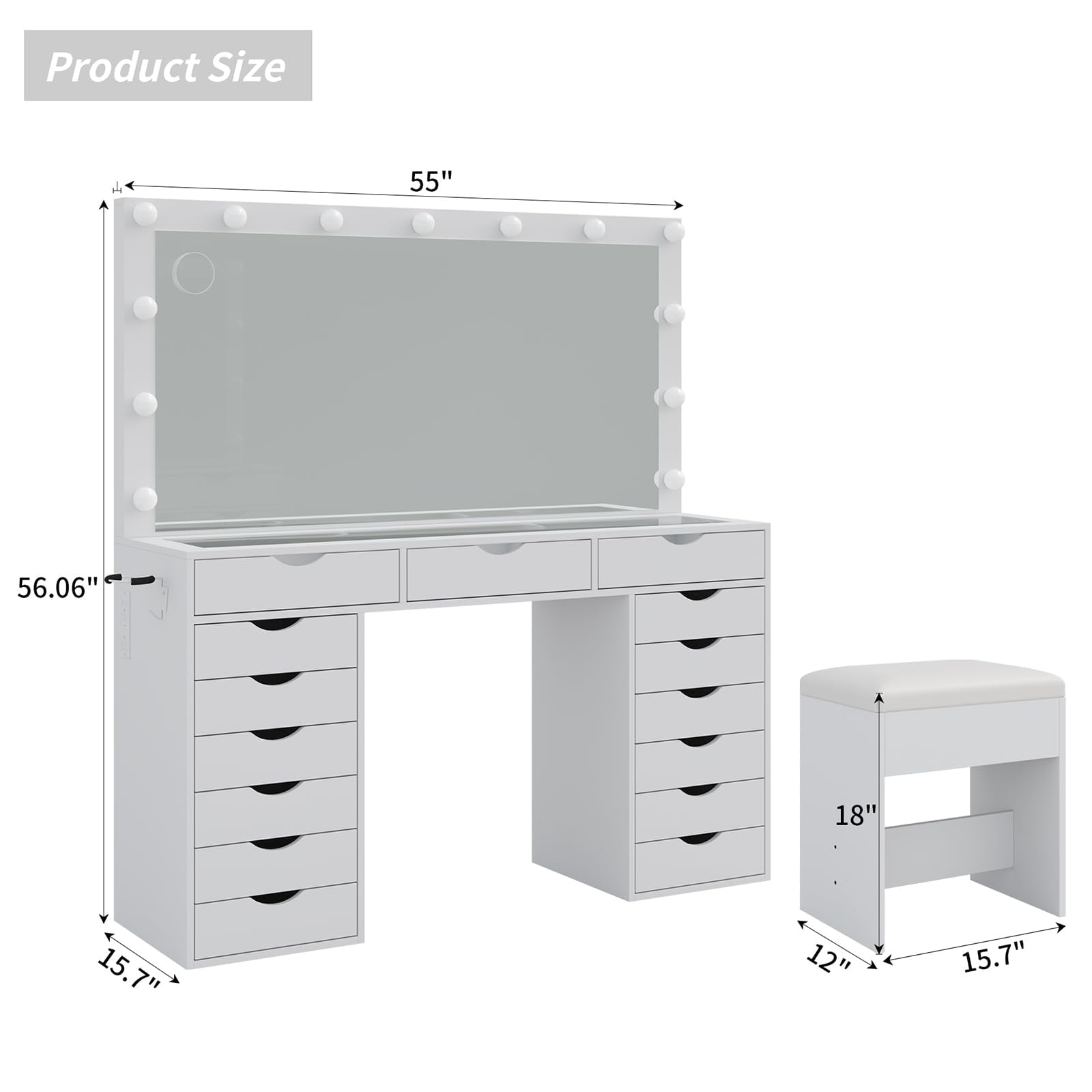 Yanosaku 15 Drawers Vanity Desk with Power Outlet, Makeup Table with Mirror and 13 LED Lights, 3 Color Lighting Modes, Brightness Adjustable, Glass Top Dressing Table, Vanity Set for Bedroom