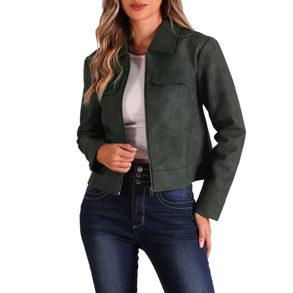 INSPIRE CHIC Collar Jacket for Women's Faux Leather Zip Long Sleeve Casual Jackets XL Black