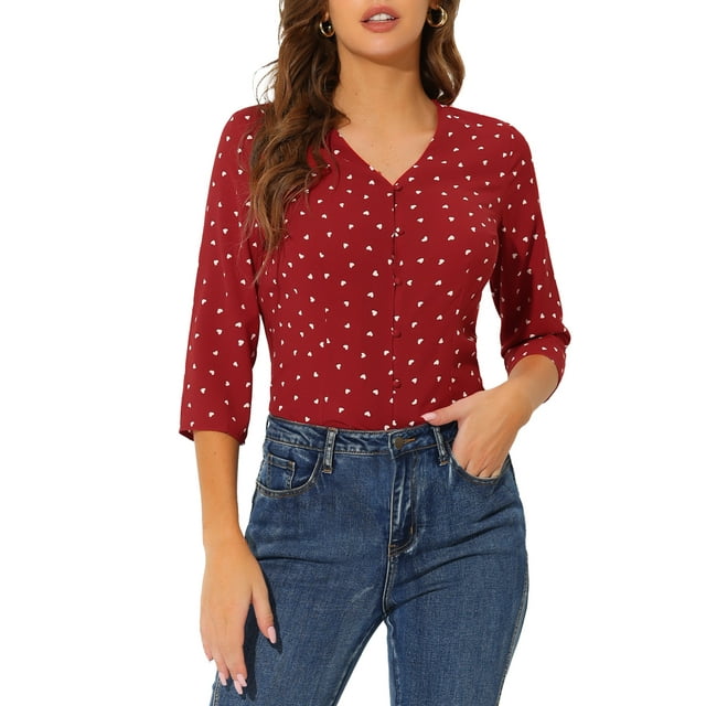 INSPIRE CHIC Blouse pour Femme de la Saint-Valentin Col en V Manches 3/4 Pois devant Boutonné Haut S Cœur Rouge