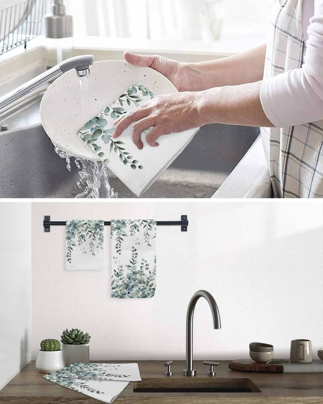 Green Eucalyptus Leaves Hand Towels Set, Waffle Weave Kitchen Towels 2 Pieces, Summer Botanical Watercolor Microfiber Hair Face Bath Tea Towel Absorbent Quick Drying Cleaning Dish Cloths 15.7"x23.6"