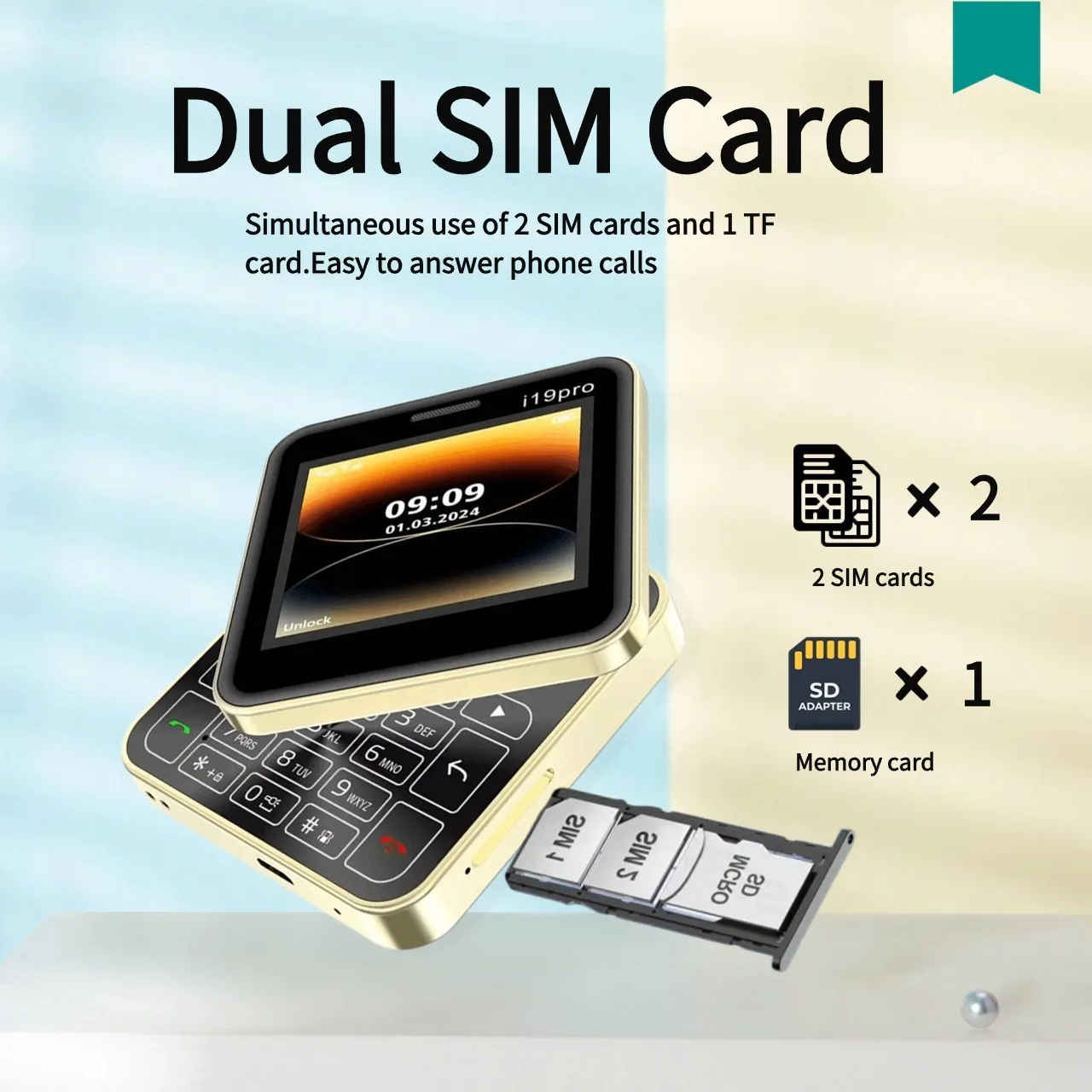 Broisae I19 Pro Low Price Rotatable Cute Mini Flip 2G GSM Mobile Phone Push Button Dual SIM Two Torch Whatsapp Magic Voice Blacklist Square Small Ebook Cellphone