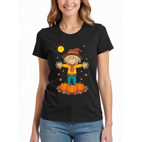 Cotton Halloween Womens Scarecrow Pumpkin Graphic Tee T Shirt Tops Short Sleeve Round Neck Black S-5XL