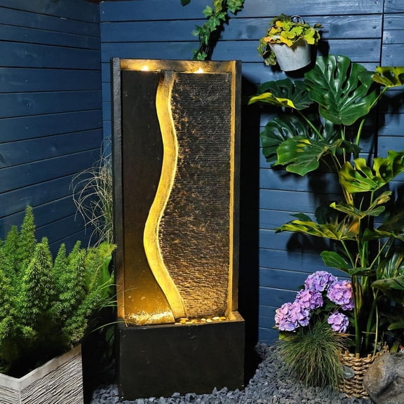 Outdoor Water Fountain 4.1ft Tall Modern Water Feature Fountains with LED Lights for Patio Yard Deck Porch Pool, Home Decor