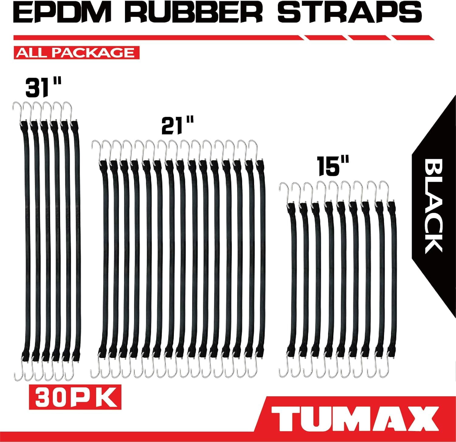 30PCS Rubber Tarp Straps Assorted Sizes with 150% Max Stretch, 100% EPDM Bungee Cords with Hooks, Ideal for Securing Tarps, Cargo, Canvases, 15", 21", 31"