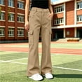 thumbnail image 6 of Girls Flare Cargo Pants Casual High Waist Pull On Stretch Kids Wide Leg Pants Khaki 5-14, 6 of 7