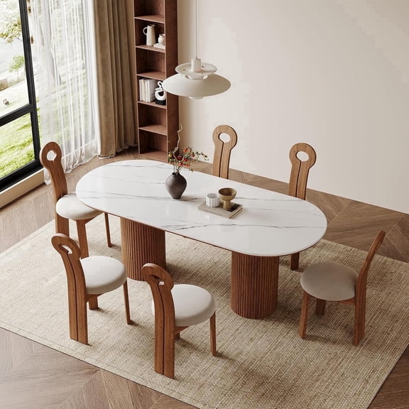 71" Oval Dining Table for 6, White Sintered Stone Dining Tabletop with Wooden Dual-Pedestal, Mid-Century Modern Dining Room Table for Kitchen (Table Only)