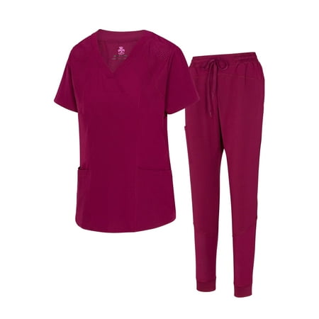 

M&M SCRUBS Womens Cool 4-Way Stretch Jogger Scrub Set (Burgundy X-Large)