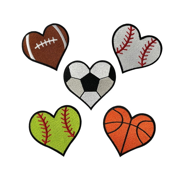 20 Pcs Heart Shaped Balls Iron on Patches, Sports Themed Patches Embroidered for Clothing Jeans Jackets Hats