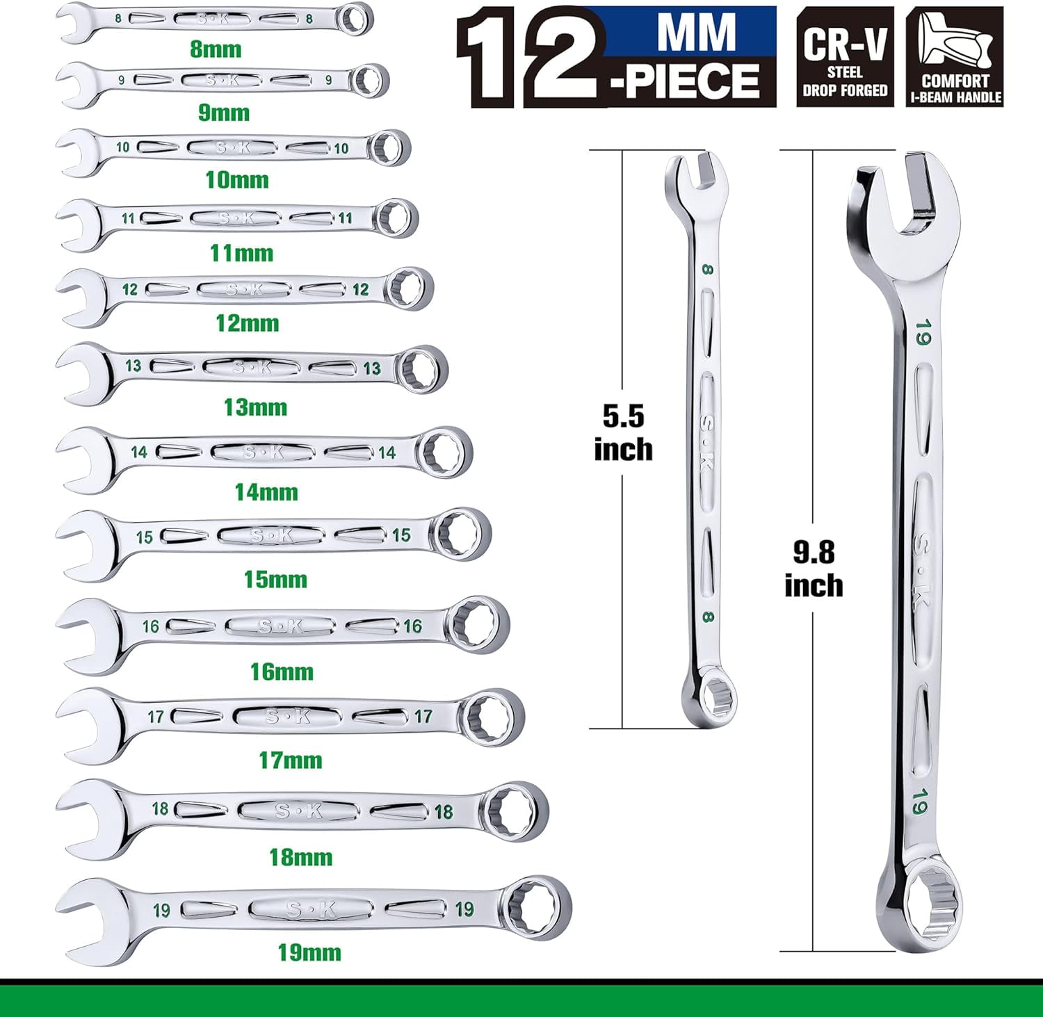 SK Combination Wrench Set, Metric 8 to 19mm, 12-Piece, SuperKrome Finish, Preminum CR-V Construction, with Rolling Pouch