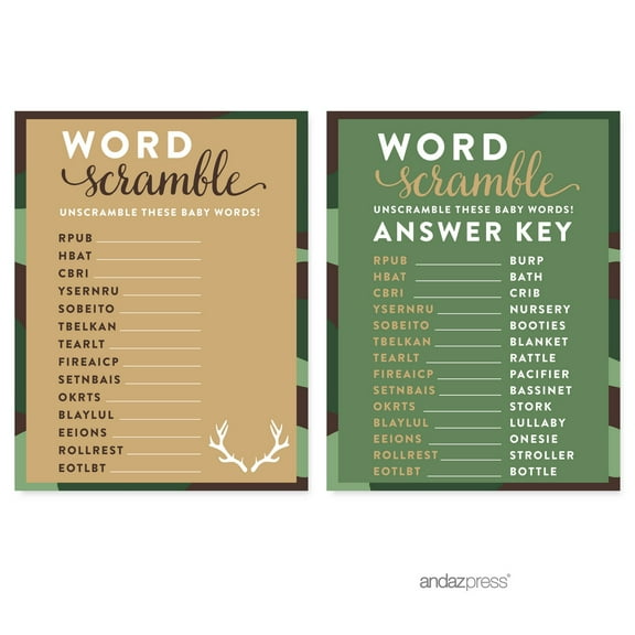 Word Scramble Green Woodland Camouflage Boy Baby Shower Game, 20-Pack