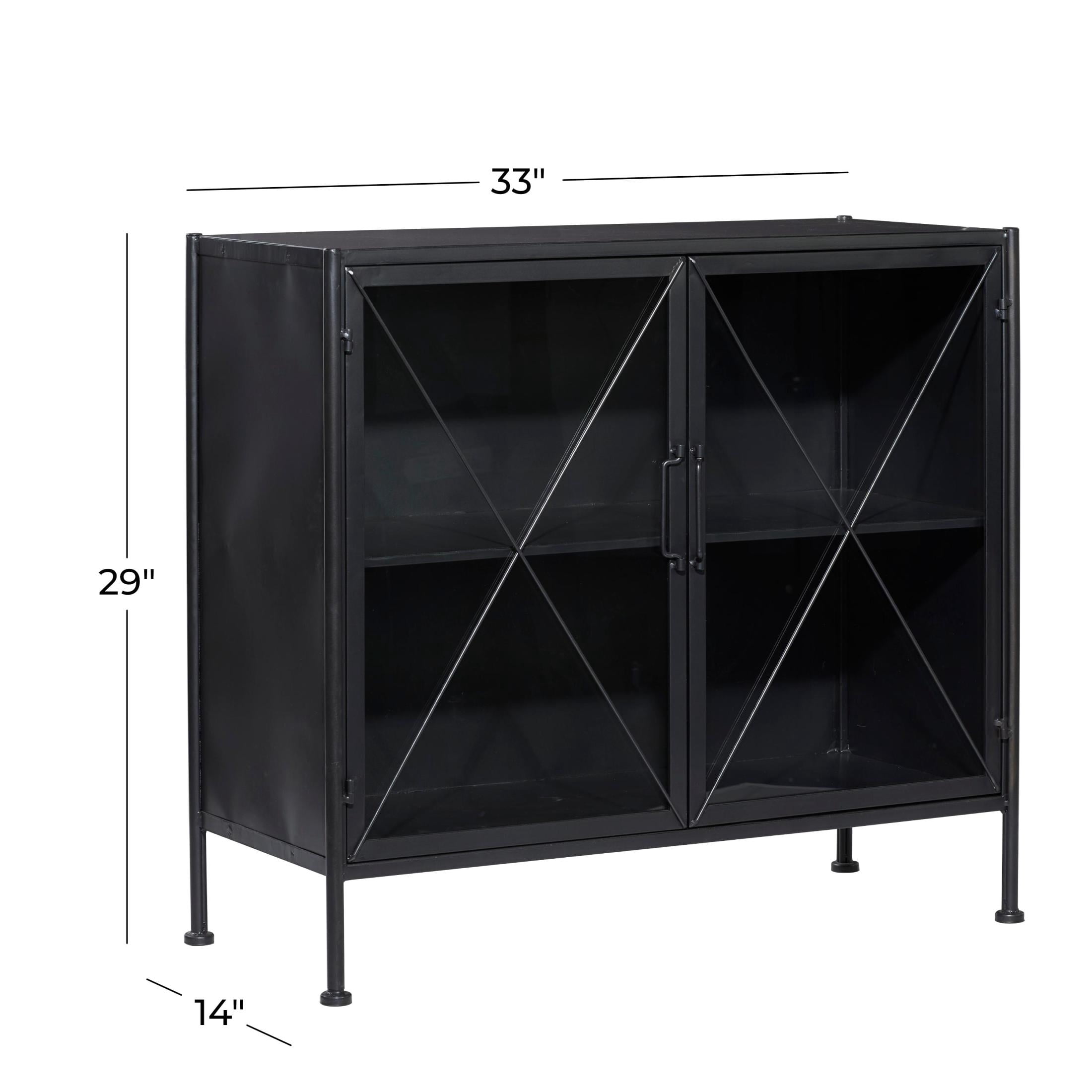 DecMode 33" x 29" Black Metal 2 Door Geometric Cabinet with Glass Front Panels, 1-Piece