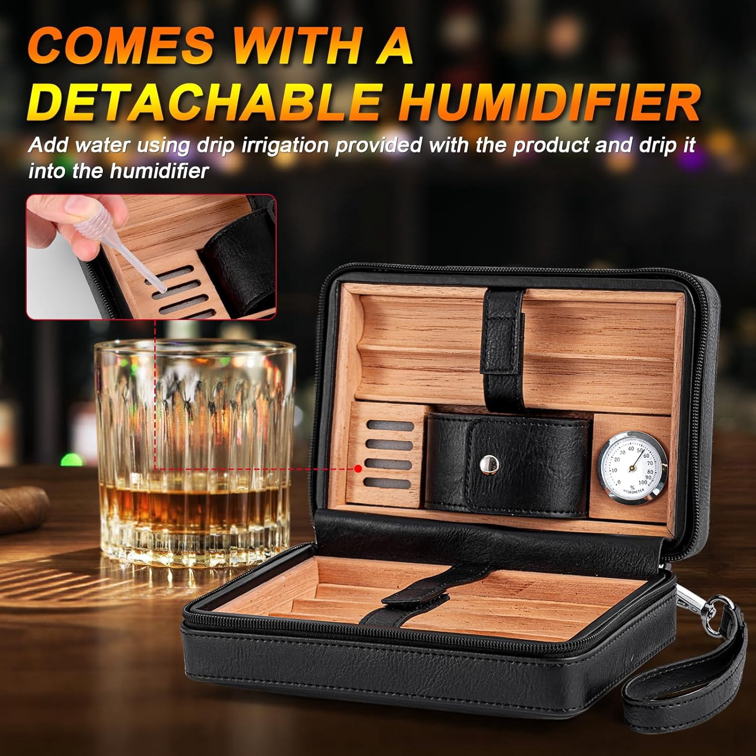 Cigar Humidor Cedar Wood Lined Leather Cigar Case Capacity 6 pcs Built in Hygrometer & Humidifier, Cigar Holder Portable Travel Cigar Humidor Kit(Black)