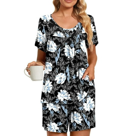 

Sexy Dance Women Sleepwear Elastic Waist Lounge Sets V Neck Nightwear Casual Nightgown Daily Wear Pjs Black Blue XL