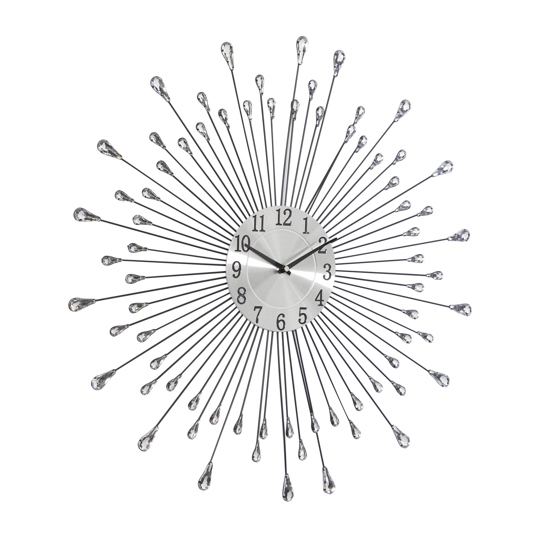 DecMode 23" Silver Metal Starburst Wall Clock with Crystal Embellishment