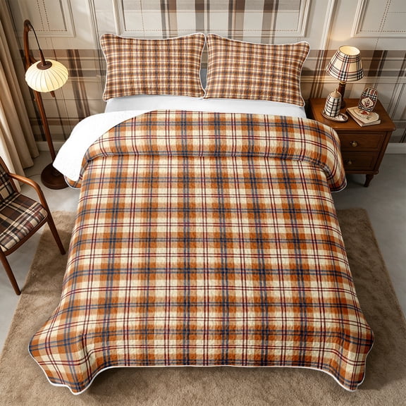 Erosebridal Autumn Plaid Twin Quilt Set 2 Pieces,Fall Checkered Twin Coverlet Set,Cream,1 Bedspread and 1 Pillowcase