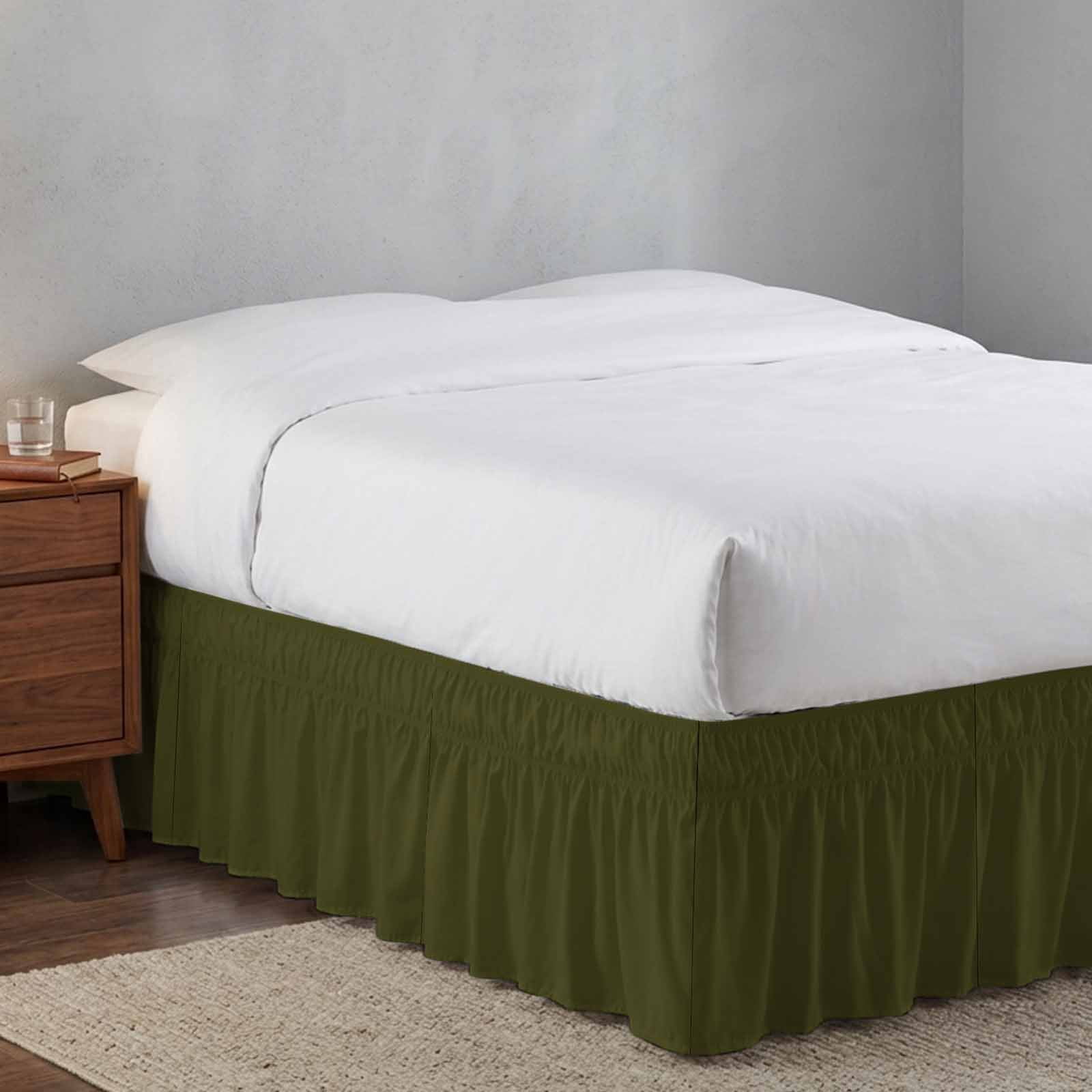 Bed Skirt Olive Green Adjustable Elastic Wrap-Around Dust Ruffle with Solid Color 16 Inch Drop, Bed Frame Cover for Queen Size Bed