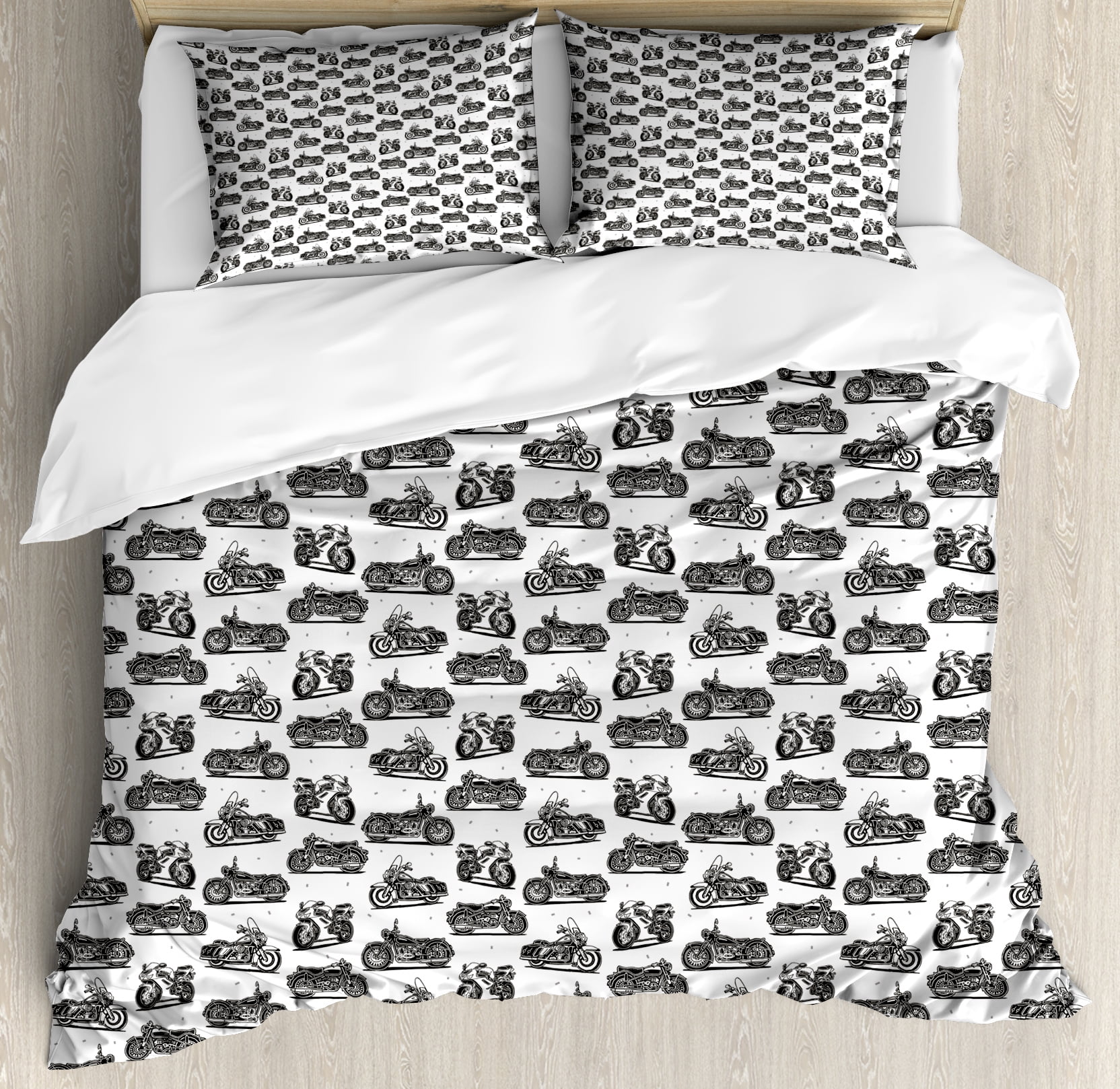 Motorcycle King Size Duvet Cover Set Retro Drawings Of Old Fashioned And Modern On White Background Decorative 3 Piece Bedding With 2