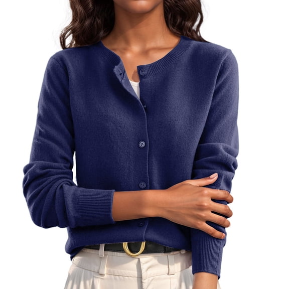 Nestiefly Womens Button Down Cardigan Sweaters Lightweight Long Sleeve Crew Neck Summer Knit Open Front Tops Navy M