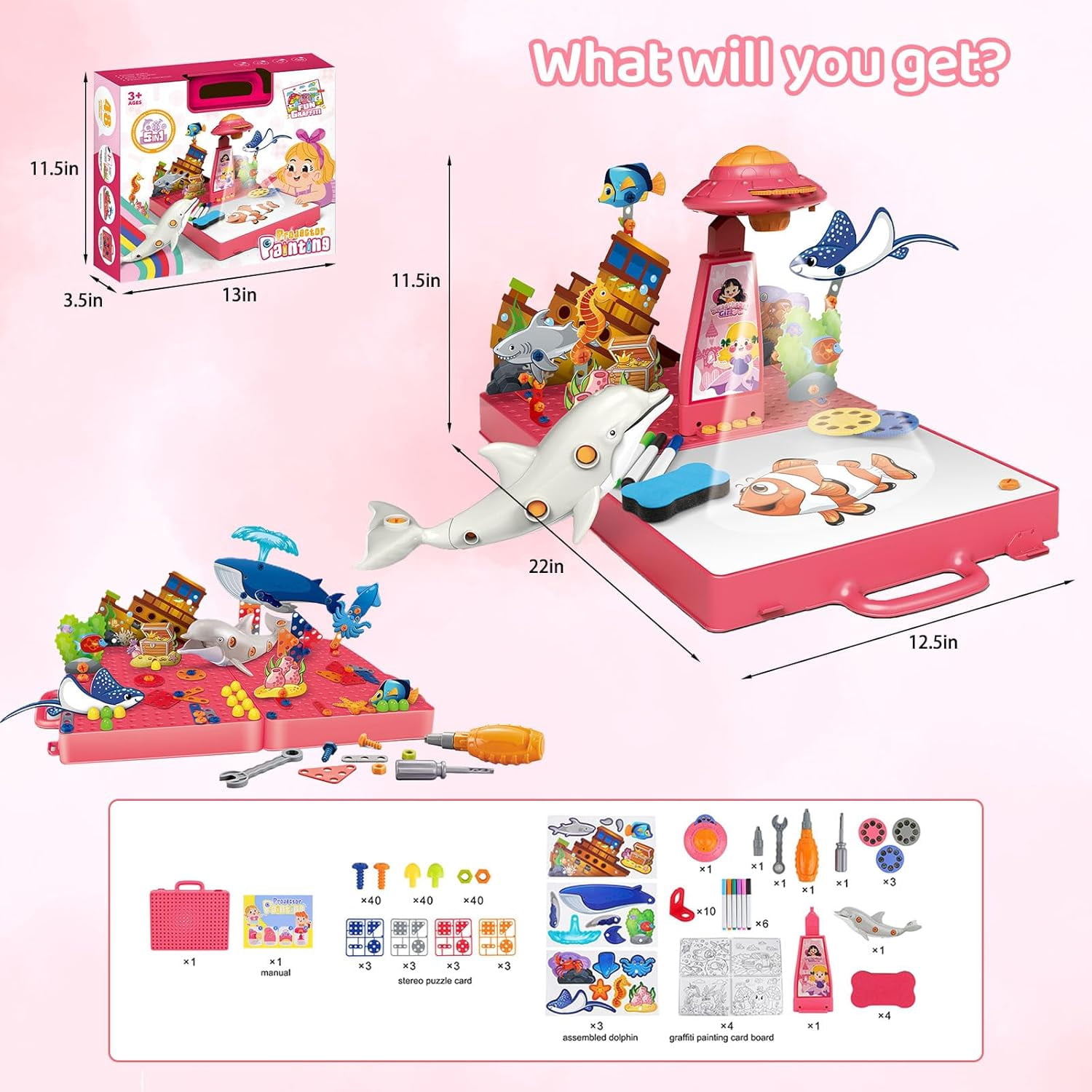 AYAMAYA Drawing Projector for Kids, Art Sketch Projector with 48 Pattern, 6 Color Pens, 4 Doodle Board, Puzzle Cards for Drawing & Tracing, Pinkcing