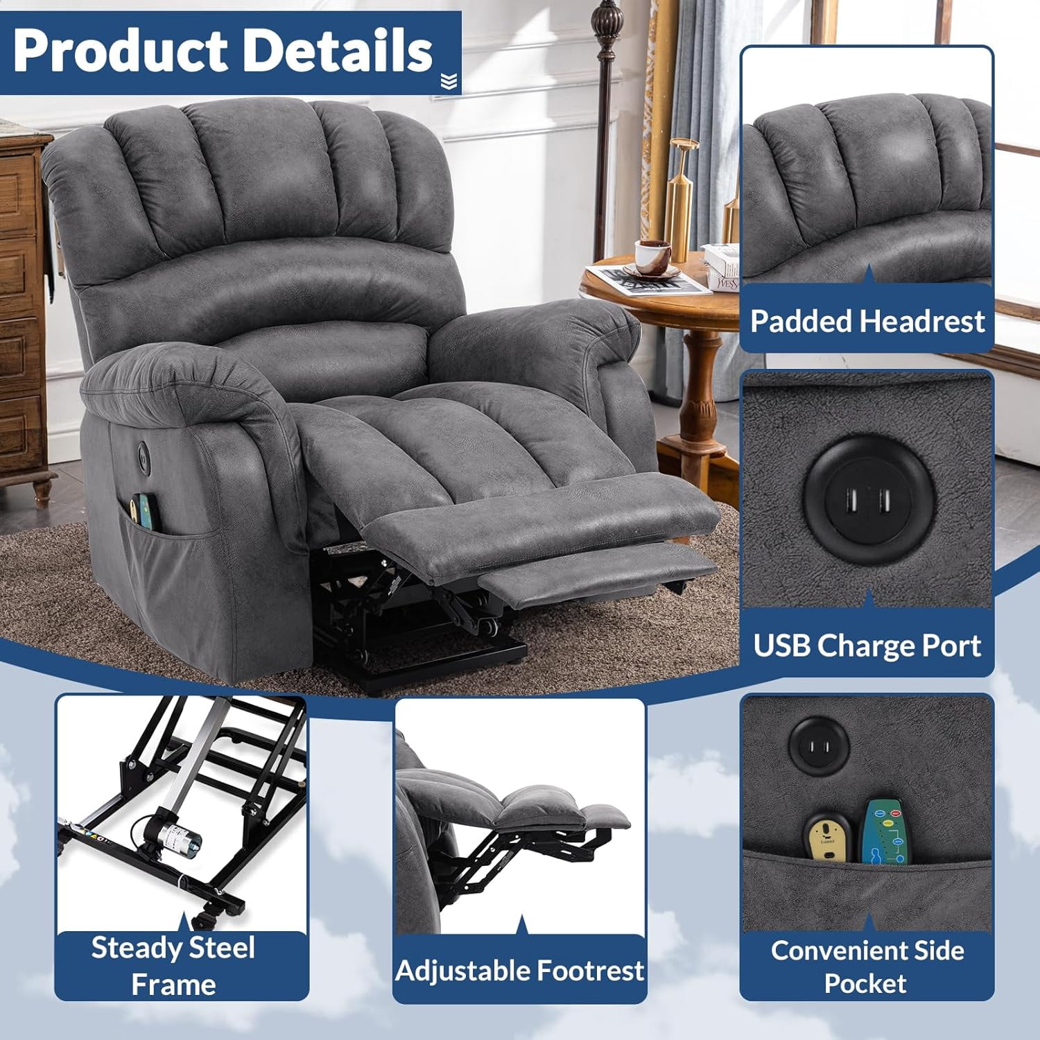 Large Electric Power Lift Recliner Chair with Extended Footrest for Elderly Tall Man, Overstuffed Heated Massage Wide Reclining Sofa with 2 Remote Controls, Side Pockets & USB Ports, Gray