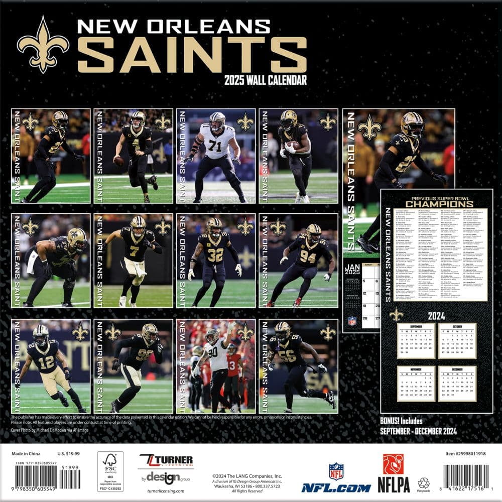 2025 12X12 TEAM WALL CALENDAR, NEW ORLEANS SAINTS