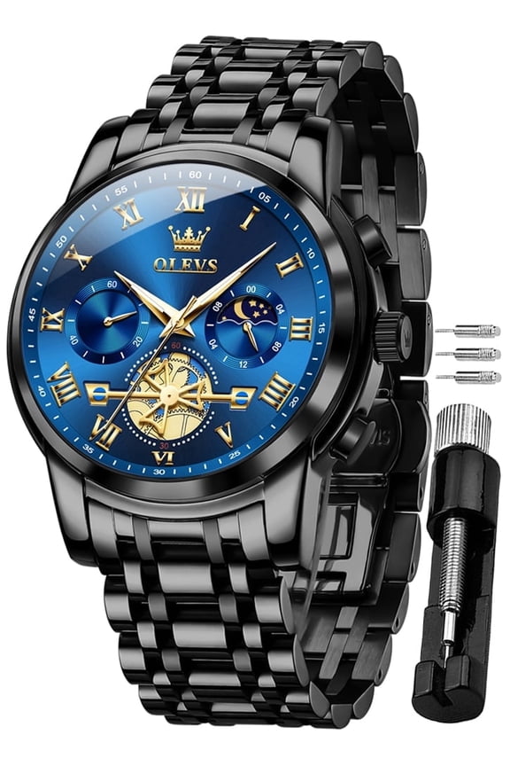 Mens Watches Chronograph Business Dress Quartz Stainless Steel Waterproof Luminous Date Wrist Watch For Men Blue Dial