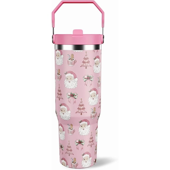 30 oz Christmas Tumbler with Lid and Straw, Santa Tumbler Insulated Coffee Travel Mugs Cup Water Bottle Cute Christmas Gifts for Women Girls