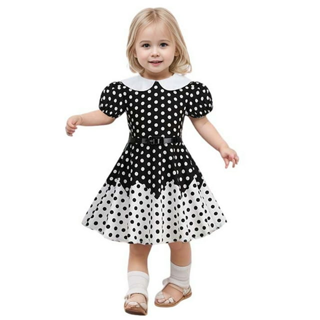 LUOGENLI Robe Enfant Robe avec Pois pour Enfants Filles Robe Princesse à Blocs de Couleur avec Ceinture Ensemble Jupe Maxi Fluide Noir 5-6 Ans