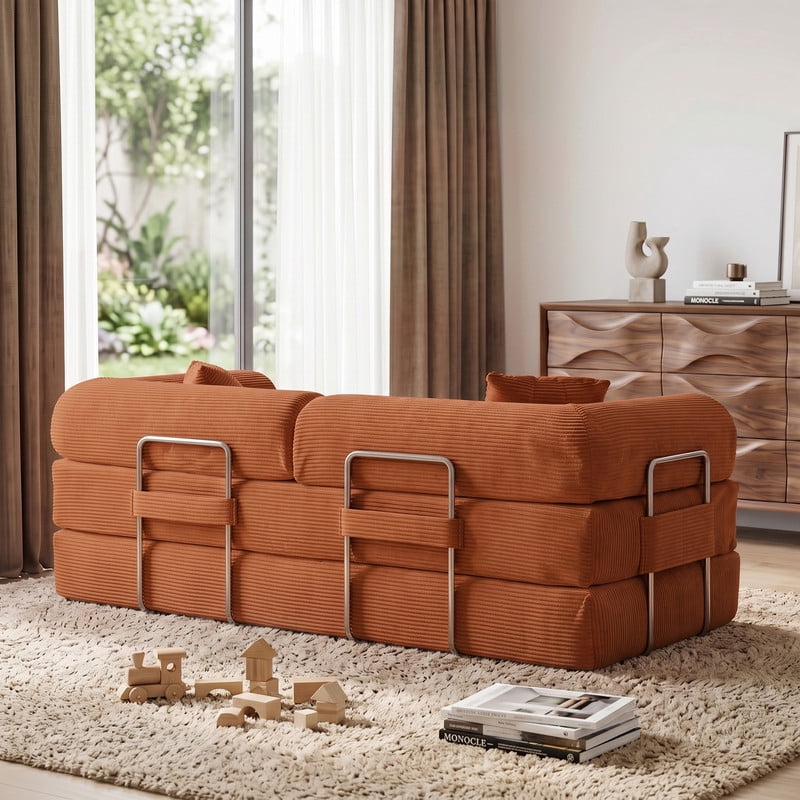 Anpport 78.8" Compression Boneless Sectional Sofa, Convertible Floor Sleeper Bed with Pillow Back Armrest, Corduroy Fabric, Tangerine, for Living Room Bedroom