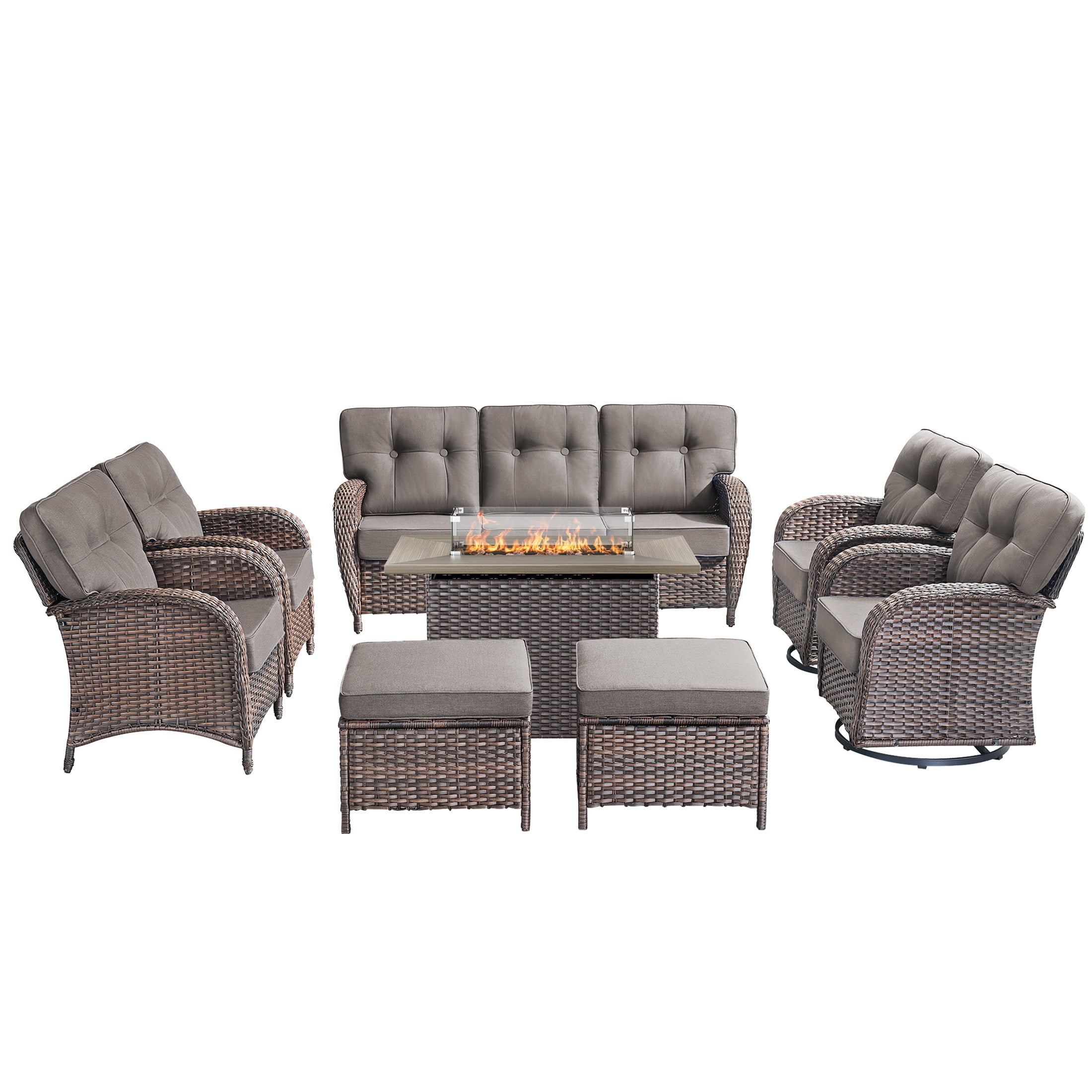 Unnifurnzi 8 Pieces Outdoor Patio Furniture Set with Fire Pit-Outdoor Sofa Couch with Outdoor Swivel Rocker Patio Chairs Wicker Patio Furniture for Deck Porch Garden Balcony Poolside-Brown/Gray