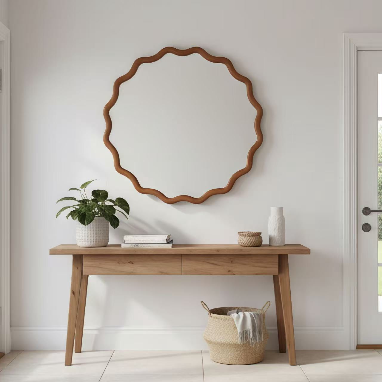 24-Inch Wavy Round Solid Wood Frame Mirror, Decorative Wall Mirror and Vanity Mirror for Bedroom Bathroom Living Room Entryway, Yellowish Brown