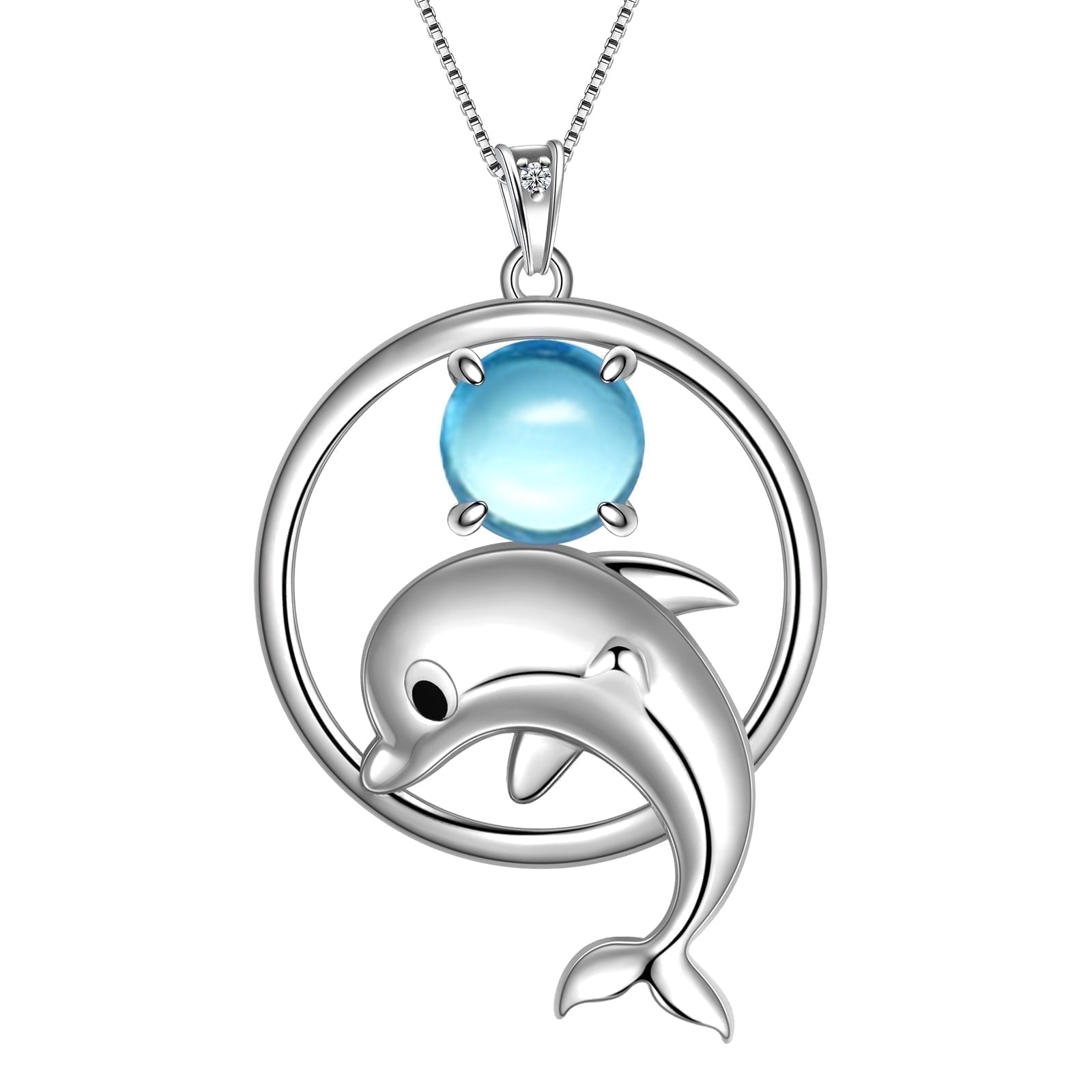 925 Sterling Silver Cute Dolphin Necklace Sea Animal Pendant Blue Crystal Moonstone Jewelry Christmas Birthday Gifts for Women
