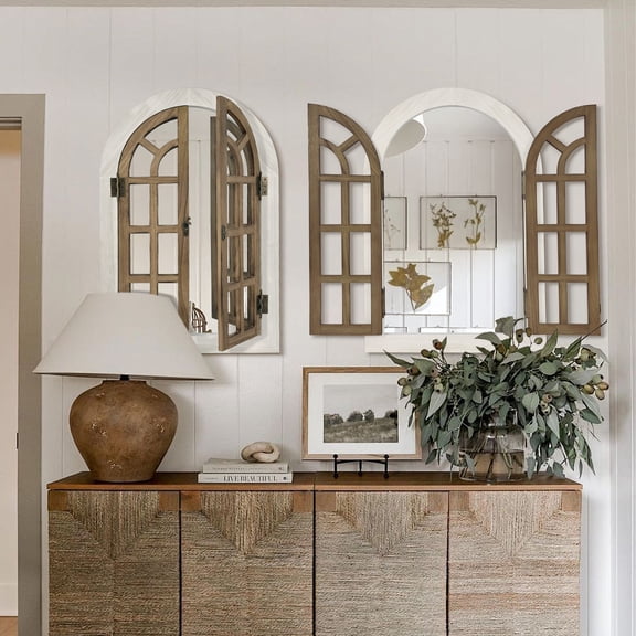 Arched Wall Mirror Window Wood Frame Mirrors Farmhouse Decor for Bedroom Single Piece x1, 24"x36", White & Natural