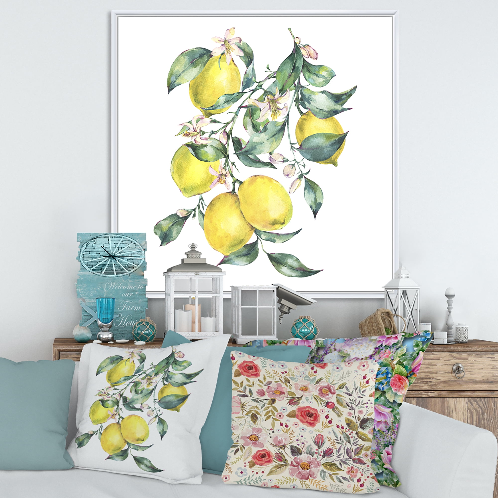 Designart 'Branch of Leaves and Yellow Lemons I' Tropical Framed Canvas Wall Art Print