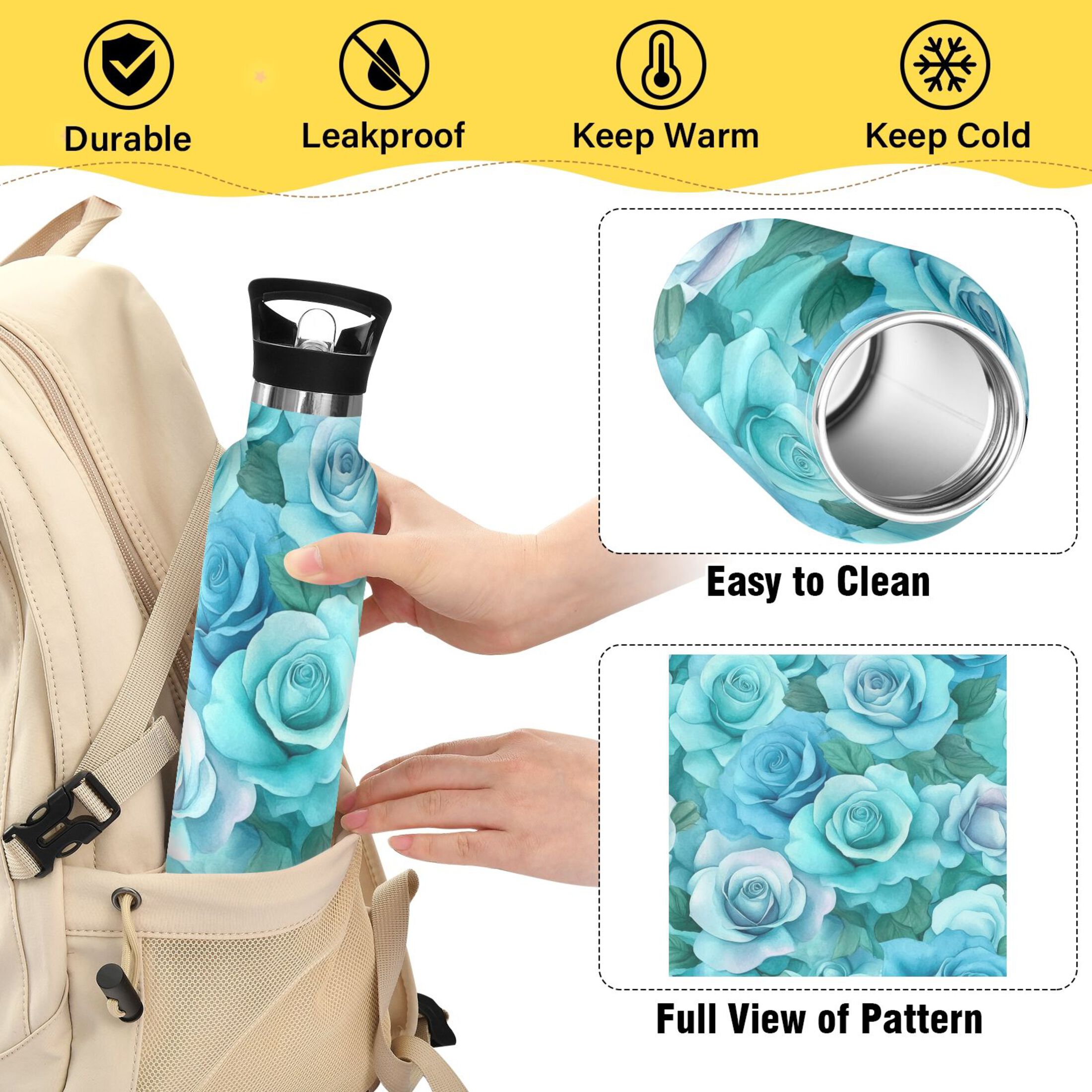 600ML Stainless Steel Insulated Cup Sports Water Bottle Portable Thermos Cup Water Glasses Insulated Tumblers Convenient and Durable Cartoon Turquoise Roses
