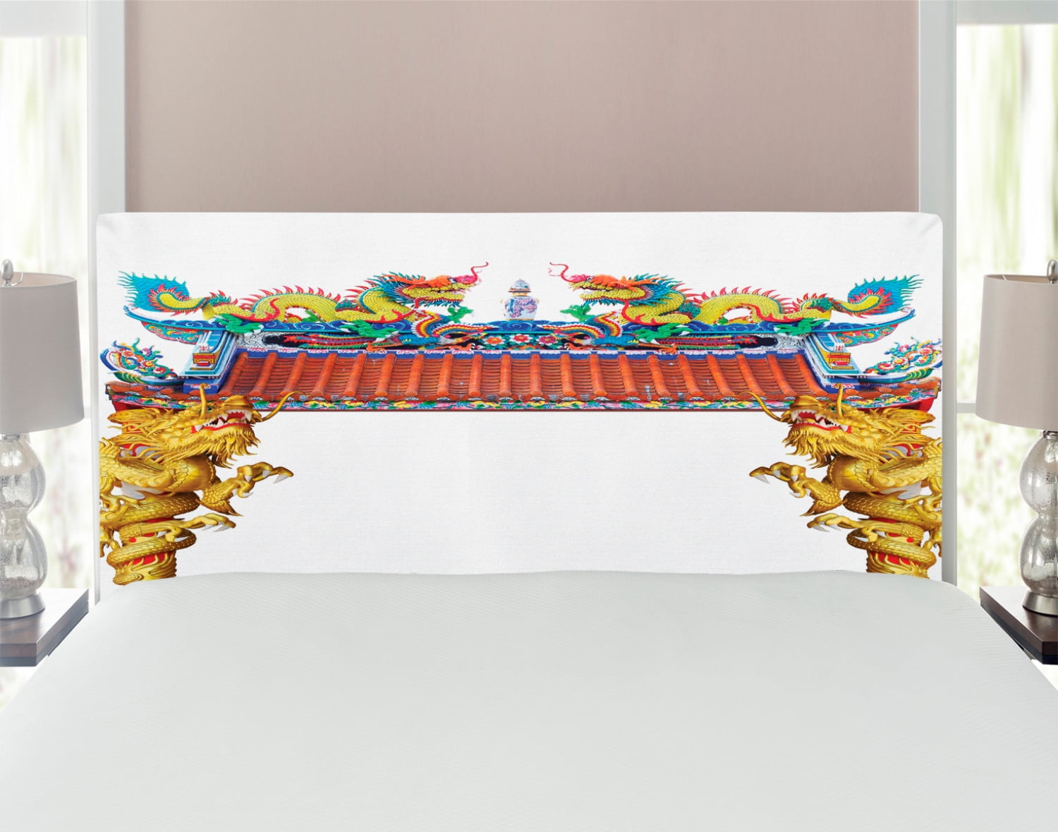 Dragon Headboard, Chinese Style Dragon Archway over Pillars in Building